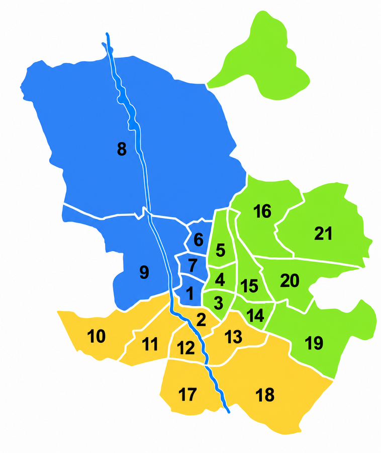 Mapa de los 21 distritos de Madrid diferenciados en las zonas 1, 2 y 3 de Ránking-Padel
